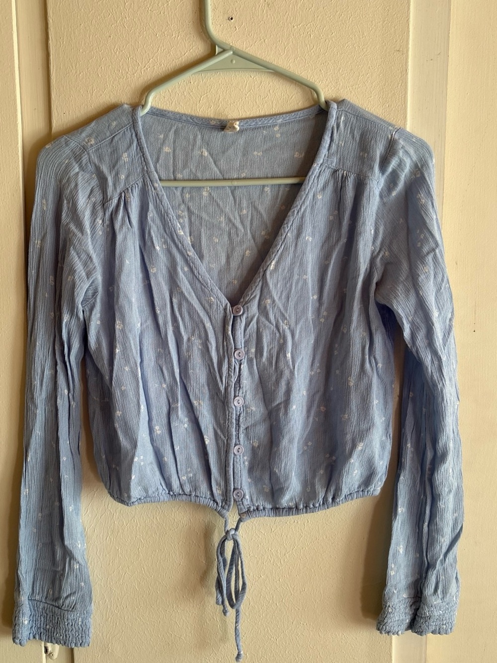 Sky and Sparrow Light Blue Button-Front Tie-Waist Blouse